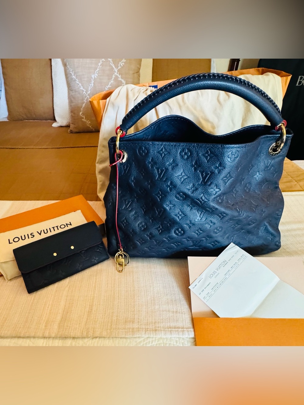 Louis Vuitton Navy Blue Embossed Monogram Hobo Bag with Red Accent
